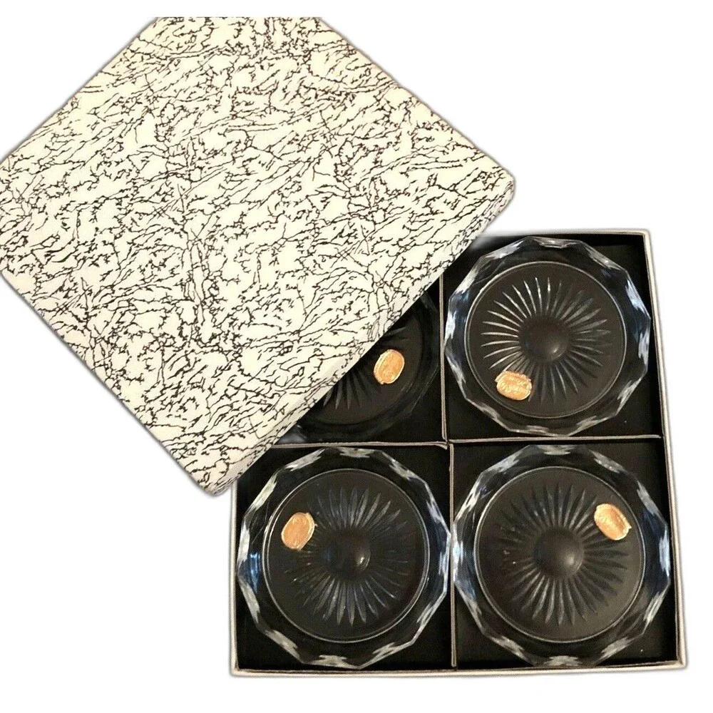 VTG MCM Bohemia Czech Cut Glass Crystal Coasters Sunburst Set of 4 New Gift Box